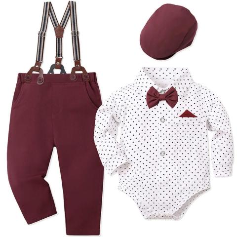 Baby Boy Formal Suspender Outfit Set with Bow Tie & Cap